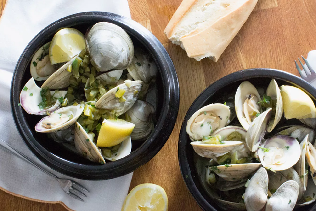 Clams Steamed with Garlic Scapes