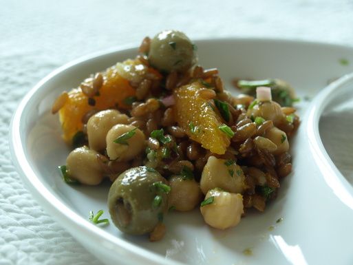 Cumin Infused Olives with Rye Garbanzo Bean Salad with Oranges