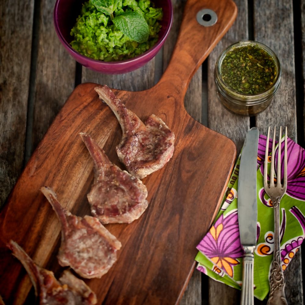 lamb cutlets with smashed peas and mint sauce