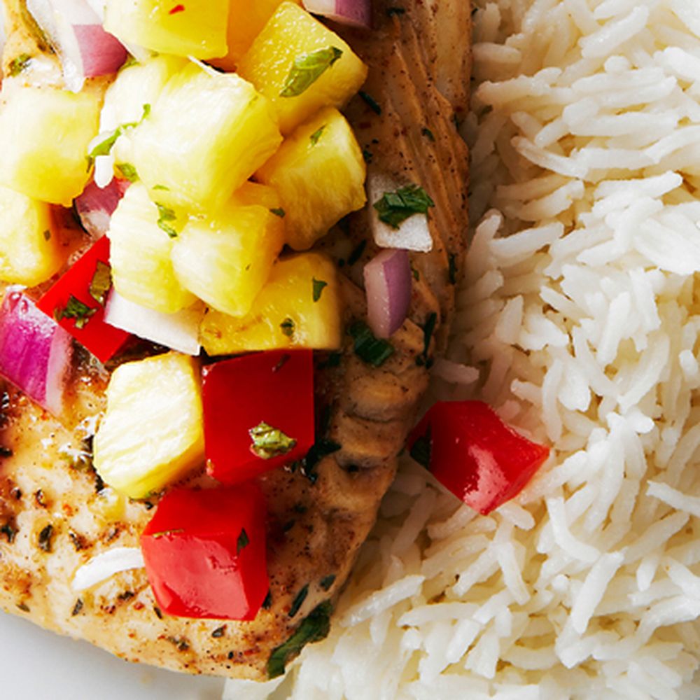 jerk cod with pineapple salsa and coconut rice