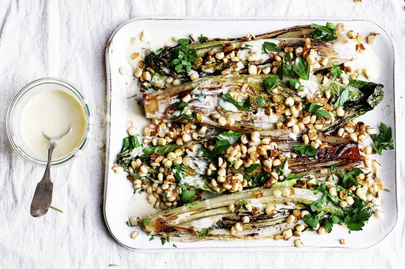 Grilled Romaine with Corn and Creamy Anchovy Garlic Vinaigrette