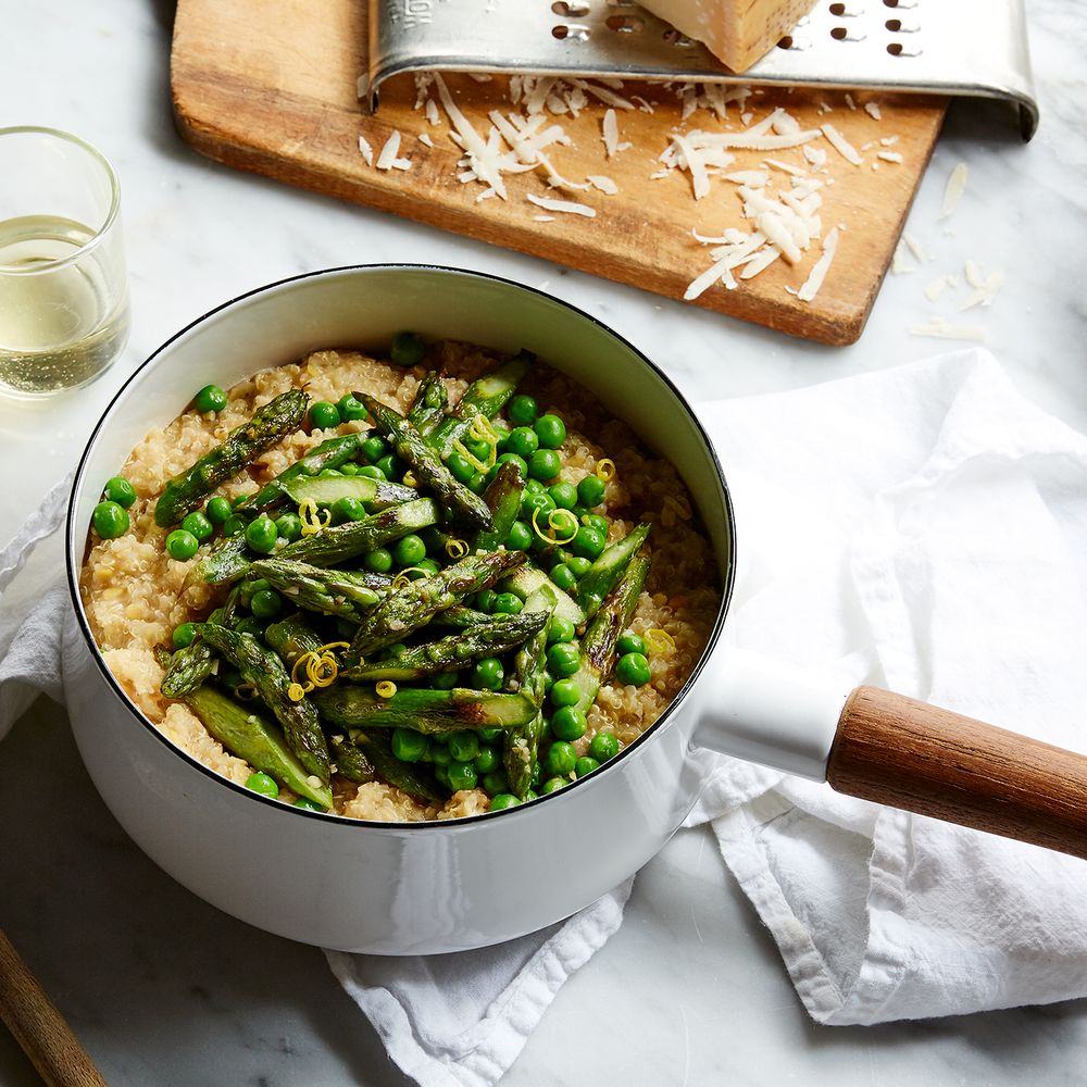 quinoa–red lentil risotto with asparagus & peas