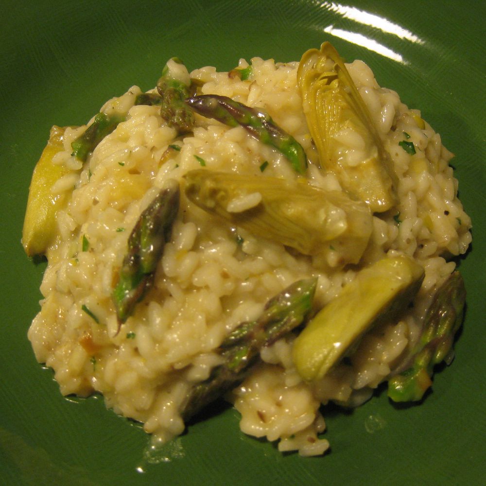 early spring risotto with fava beans, asparagus and artichokes