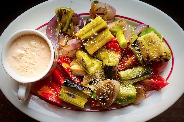 Grilled Leeks, Red Onions with Tomatoes and Thousand Island Dipping Sauce from Food52