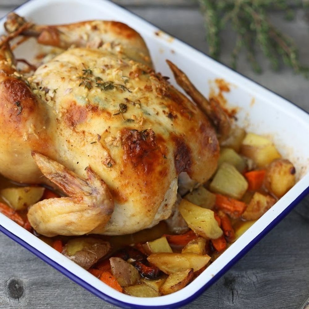 roasted crème fraîche chicken with vegetables