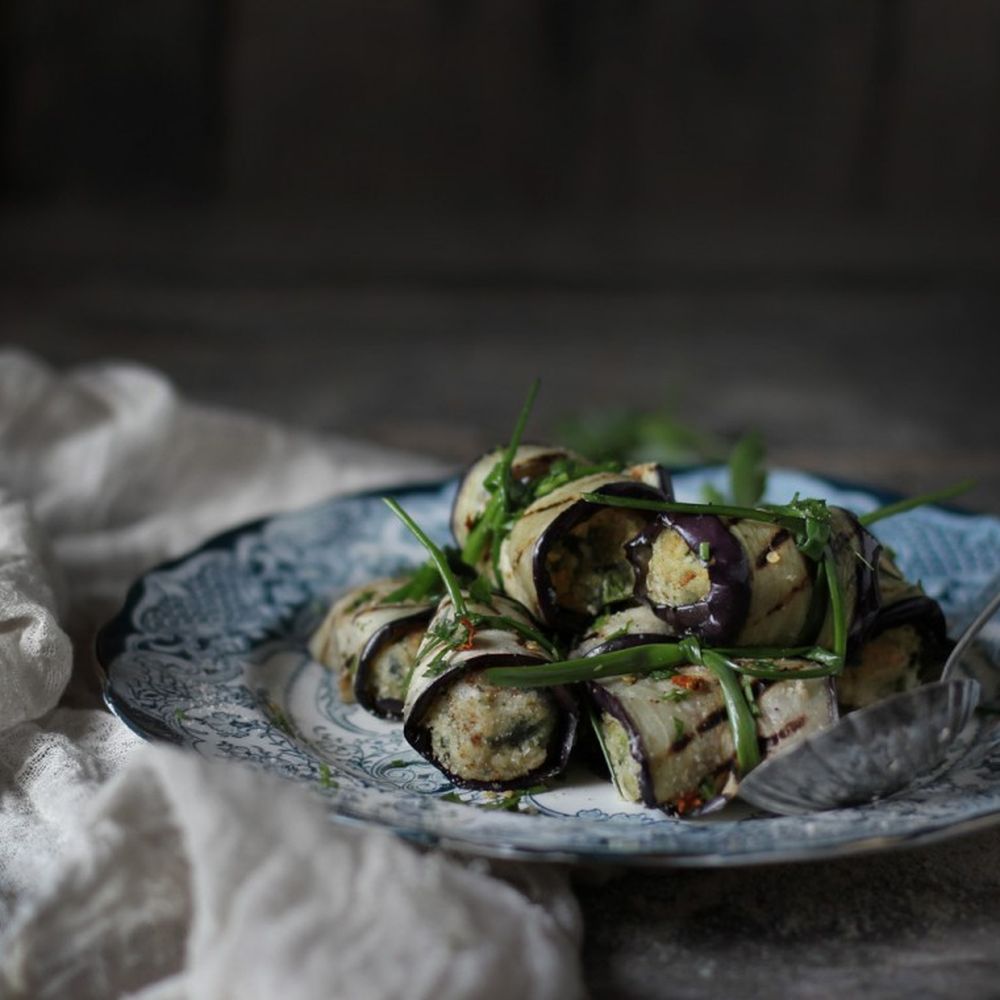 grilled eggplant rolls stuffed with milletballs